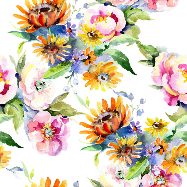 Bouquets floral botanical flower. Watercolor illustration set. Seamless background pattern. - Photo, Image
