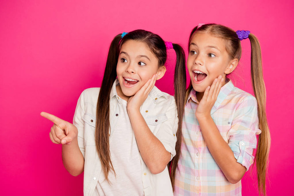 Close up photo two small little age she her girls hugging luck sisters look empty space point way finger wearing casual jeans denim checkered plaid shirts isolated rose vibrant bright vivid background - Foto, imagen