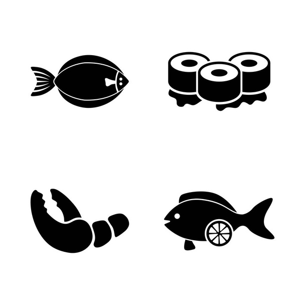 魚料理のレストラン、シーフード。ビデオ、携帯アプリ、Web サイトの簡単な関連ベクトル アイコンを設定は、プロジェクトとあなたのデザインを印刷します。魚料理のレストラン、シーフードのアイコン白背景に黒フラット図. - ベクター画像