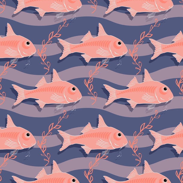 Vector seamless pattern on the marine-themed. Hand-drawn  fish and seaweed. Backgrounds of pink sea creatures isolated on purple wavy background.  - Vector, Image