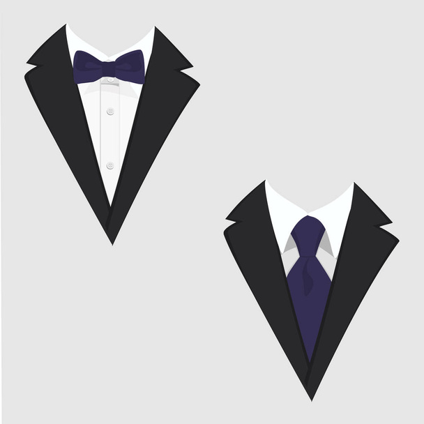 Men's jackets. Tuxedo. Wedding suits with bow tie and with necktie. Raster illustration - Фото, изображение