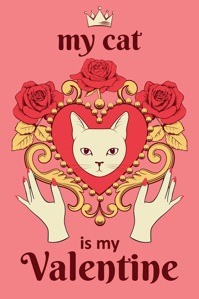 Valentine card concept. White cat face in ornamental vintage heart shaped frame with hands and text on pink. - Wektor, obraz