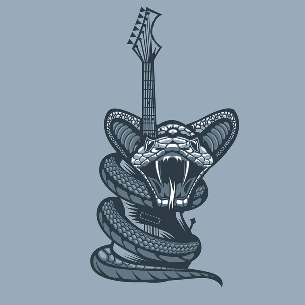Dangerous Viper enveloping the Guitar. Monochrome tattoo style. - Vektör, Görsel