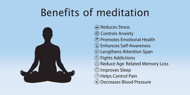 Meditation health benefits for body, mind and emotions, raster infographic with icons set - Foto, Bild