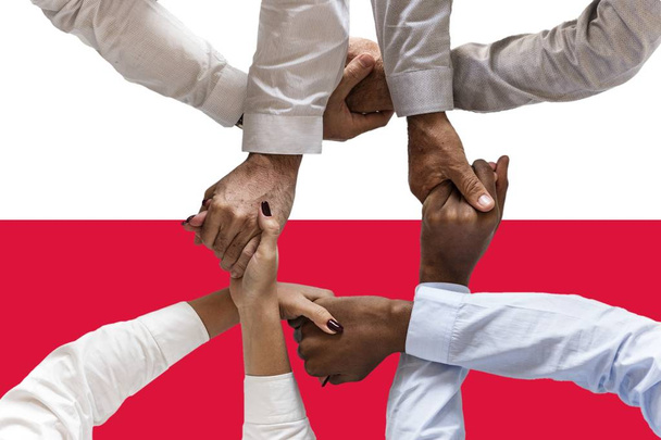Polen-Fahne, Integration einer multikulturellen Gruppe junger Menschen. - Foto, Bild