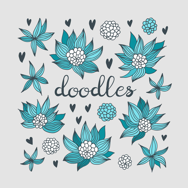 Flowers and hearts vector set, floral doodles collection, card background - Vector, Imagen