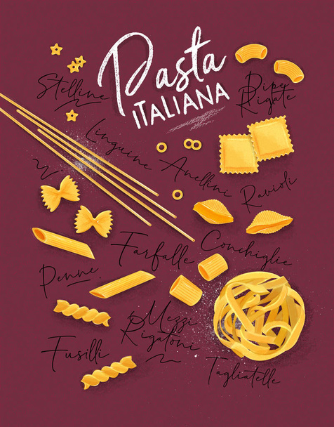 Cartel con letras de pasta italiana con muchos tipos de dibujo de macarrones sobre fondo carmesí
. - Vector, imagen