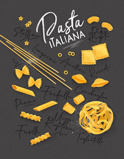 Poster belettering pasta italiana met vele soorten macaroni puttend uit grijze achtergrond. - Vector, afbeelding