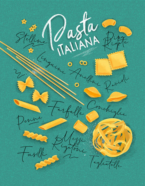 Poster lettering pasta italiana with many kinds of macaroni drawing on turquoise background. - Vector, Image