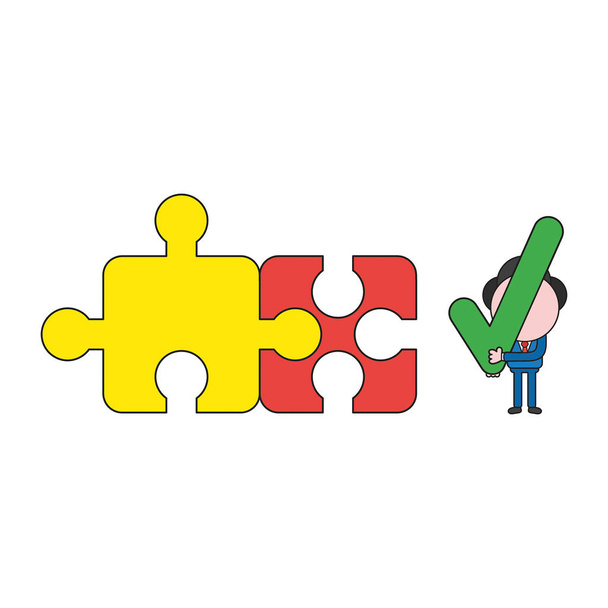 Personagem de homem de negócios ilustração vetorial com duas peças de quebra-cabeça conectadas e segurando marca de verificação. Cor e contornos negros
. - Vetor, Imagem