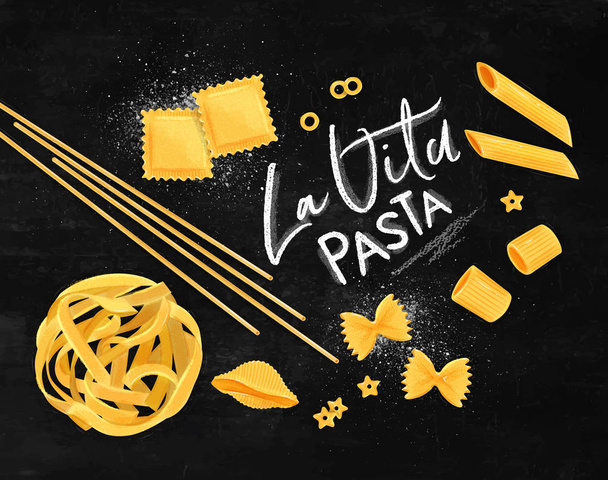 Plakát s nápisem la vita těstoviny s mnoha druhy makarony kreslení na pozadí křídou. - Vektor, obrázek