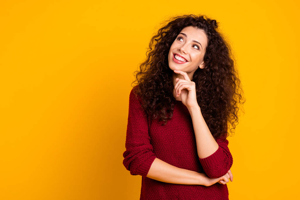 Close up photo beautiful amazing attractive her she lady glad arm on chin look up to empty space leisure rejoice wearing maroon knitted pullover clothes outfit isolated yellow bright background - Φωτογραφία, εικόνα