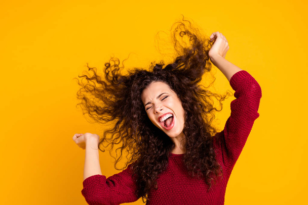 Close up photo amazing charming her she lady hair flight warm weather be yourself yelling with good mood songs wearing red knitted sweater clothes outfit isolated yellow bright background - Foto, imagen