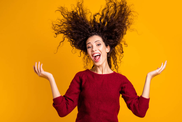Close up photo amazing charming her she lady hair flight yelling loud first summer holiday night life party clubbing funky wearing red knitted sweater clothes outfit isolated yellow bright background - Photo, image