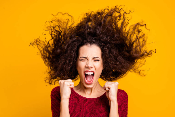 Close up photo amazing beautiful her she lady hair flight fists yell loud funky football team goal score so glad wearing red knitted sweater clothes outfit isolated yellow bright background - Fotoğraf, Görsel