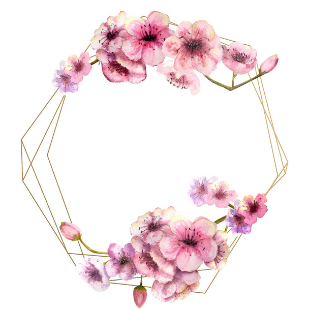 Kirschblüte, Sakura-Zweig mit rosa Blüten auf goldenem Rahmen und isoliertem weißem Hintergrund. Bild des Frühlings. Rahmen. Aquarell-Illustration. Designelemente - Foto, Bild