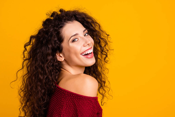 Close up side profile view photo amazing her she lady opened mouth nude naked shoulder revealed teeth playful look wearing red knitted sweater pullover clothes outfit isolated yellow background - Foto, Imagen