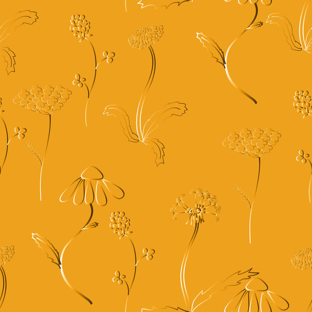 Seamles pattern with meadow flower like as gold embossion. Good design for textile, wrapping paper, wallpaper etc - Vector, afbeelding