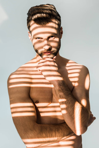 homme sexy avec des ombres sur le torse musculaire isolé sur gris
 - Photo, image