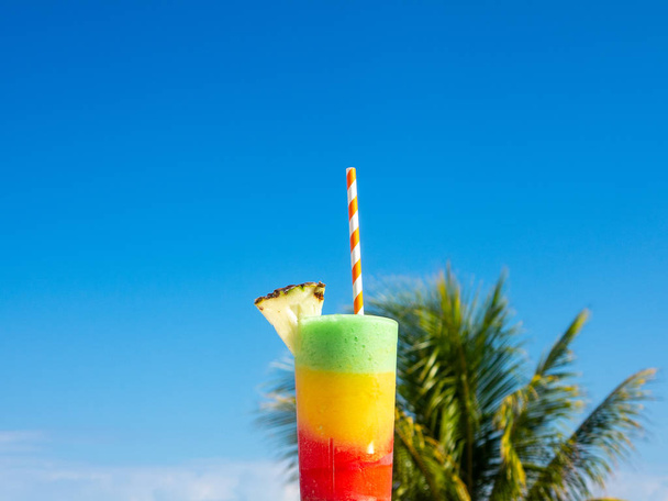 Multicolored cocktail with Palm and Blue Sky Background - Zdjęcie, obraz