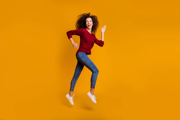 Full length body size view of her she nice cute lovely pretty attractive cheerful cheery sporty slim thin fit wavy-haired lady running contest isolated on bright vivid shine orange background - Foto, imagen