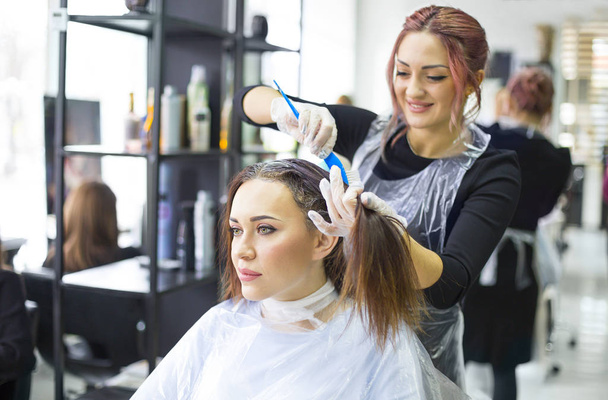 Ammattimainen naispuolinen kampaaja, joka käyttää väriä naisasiakkaalle hiussalongissa, nainen, jolla on hiuksensa värjätty. Hiusväriä värjätään parhaillaan
  - Valokuva, kuva