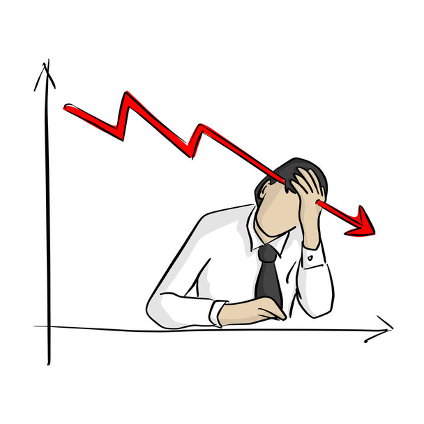 businessman grabbing his head with graph going down vector illustration sketch doodle hand drawn with black lines isolated on white background. Business crisis concept. - Vector, Image