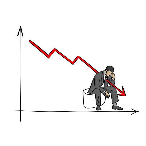 fail businessman grabbing his head with graph going down vector illustration sketch doodle hand drawn with black lines isolated on white background. Business crisis concept. - Vector, Image
