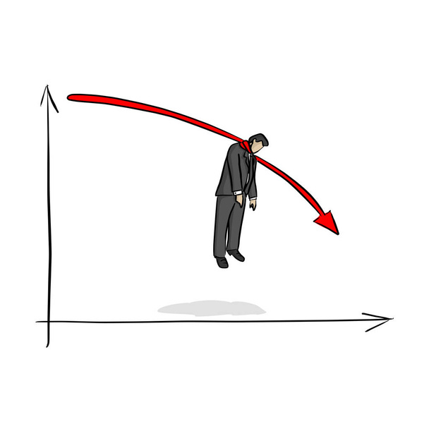 mislukken zakenman opknoping op rode grafiek naar beneden vector illustratie schets doodle hand getekend met zwarte lijnen geïsoleerd op een witte achtergrond. Crisis bedrijfsconcept. - Vector, afbeelding
