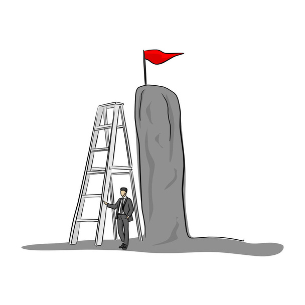 podnikatel, používající velký žebřík dostat červenou vlajku vektorové ilustrace skica doodle ručně kreslenou s černými linkami izolovaných na bílém pozadí - Vektor, obrázek