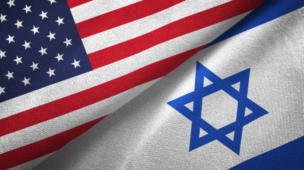United States and Israel flags together textile cloth, fabric texture - Foto, afbeelding