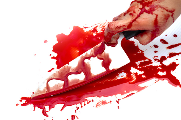 nůž Deba krvavý v ruce dámu na bílém pozadí, koncept sociálního násilí Halloween - Fotografie, Obrázek