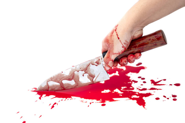 deba coltello sanguinante in mano signora su sfondo bianco, Violenza sociale concetto di Halloween
 - Foto, immagini