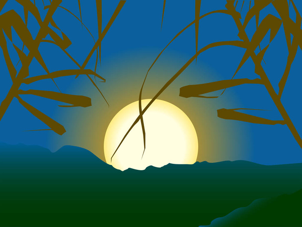 Sunset or Sunrise Serene Scene with Close Up Plants and Big Sun Over Mountains Background - Vector, Image