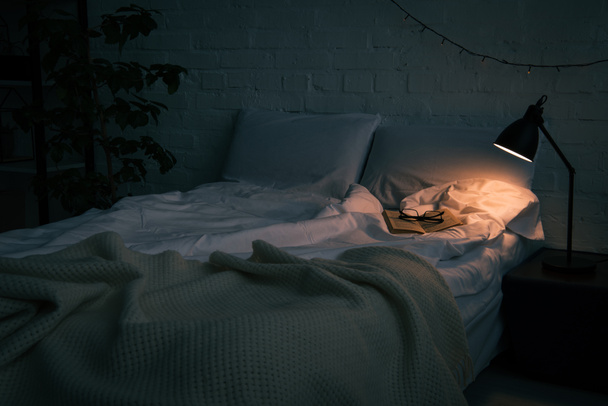 Interior of bedroom with book and glasses on empty bed, plant and lamp on black nightstand at night - Photo, Image