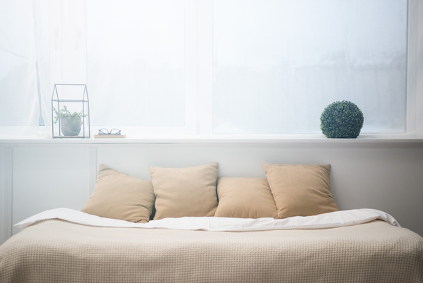 bedroom with brown pillows and white blanket on empty bed, plants and glasses - Photo, Image