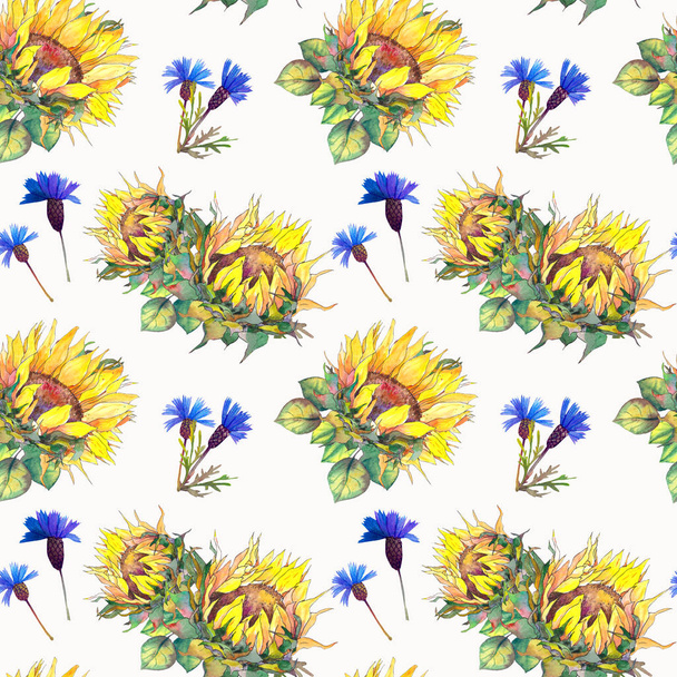 Seamless pattern with sunflowers and blue cornflowers. Watercolor on white background. - Foto, imagen