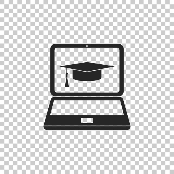 Αποφοίτηση καπάκι και το lap-top εικονίδιο που απομονώνονται σε διαφανές φόντο. Ηλεκτρονική μάθηση ή e-learning έννοια εικονίδιο. Επίπεδη σχεδίαση. Εικονογράφηση διάνυσμα - Διάνυσμα, εικόνα