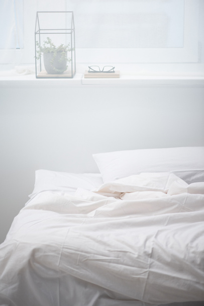bedroom with pillow and white blanket on cozy bed, plant and glasses  - Foto, afbeelding