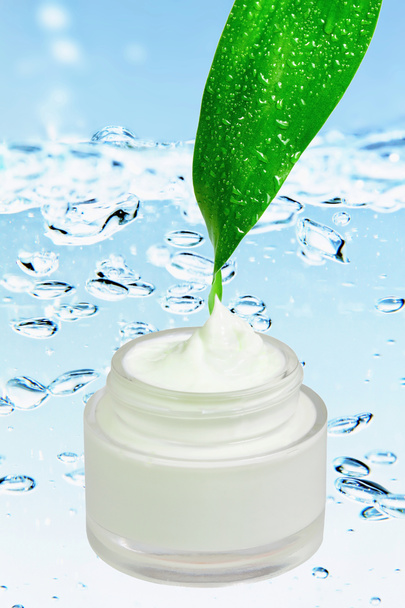 Cosmetic cream with fresh green leaf - Photo, Image