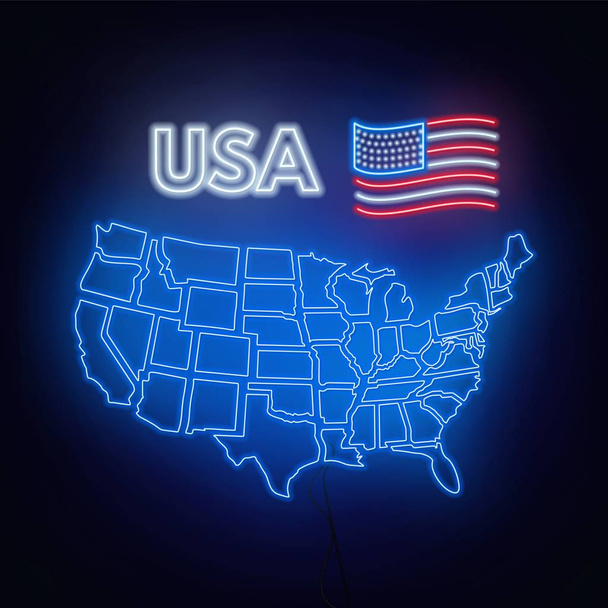 Neon kaart van de VS op zwarte achtergrond. - Vector, afbeelding