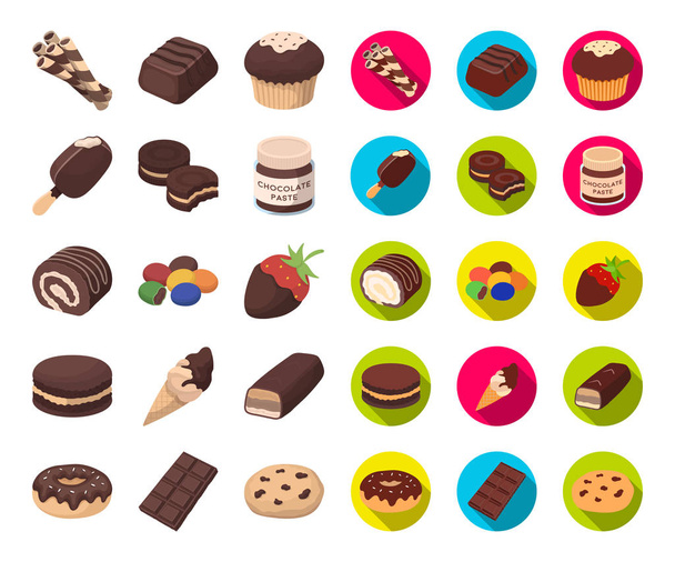 Schokolade Dessert Cartoon, flache Symbole in Set-Kollektion für Design. Schokolade und Süßigkeiten Vektor Symbol Stock Web Illustration. - Vektor, Bild