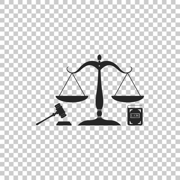 Κλίμακες της δικαιοσύνης, σφυρί και βιβλίο εικονίδιο που απομονώνονται σε διαφανές φόντο. Σύμβολο του νόμου και της δικαιοσύνης. Έννοια του νόμου. Νομικού δικαίου και δημοπρασία σύμβολο. Επίπεδη σχεδίαση. Εικονογράφηση διάνυσμα - Διάνυσμα, εικόνα