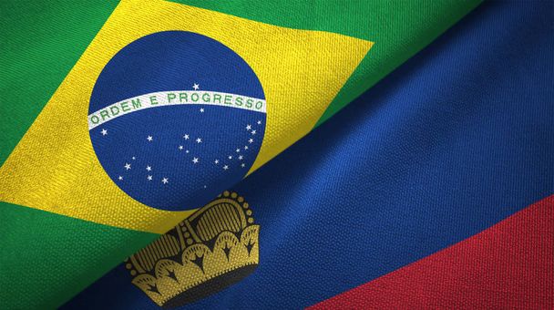Liechtenstein and Brazil flags together relations textile cloth fabric texture - Photo, Image
