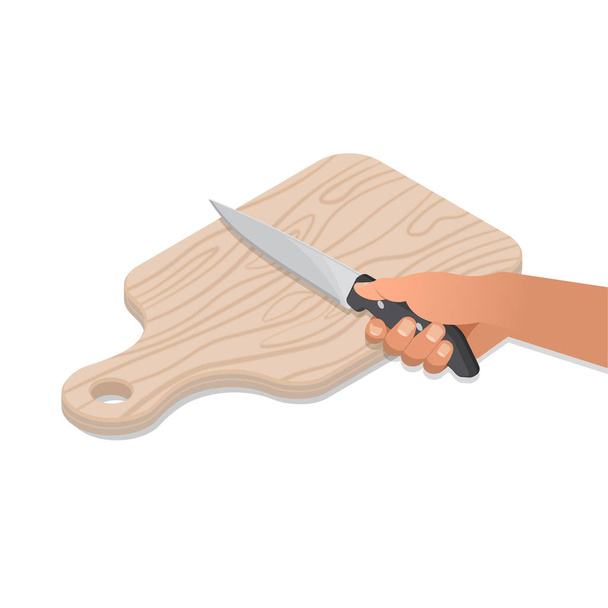 Mano con un cuchillo de cocina en una tabla de madera. Concepto culinario. Elementos para el diseño.3D Ilustración isométrica vectorial
. - Vector, imagen