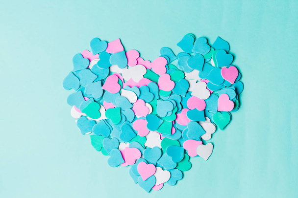 Happy Valentine's day Card, love. Beautiful heart on blue background, top view - Fotografie, Obrázek