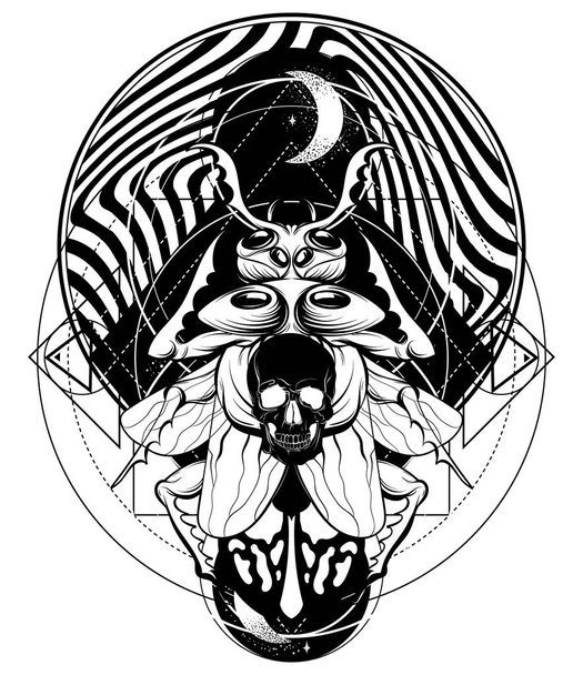 Vector hand drawn illustration of beetle with human skull and moon isolated. Surrealistic tattoo artwork. Template for card, poster. banner, print for t-shirt, pin, badge, patch. - Vettoriali, immagini