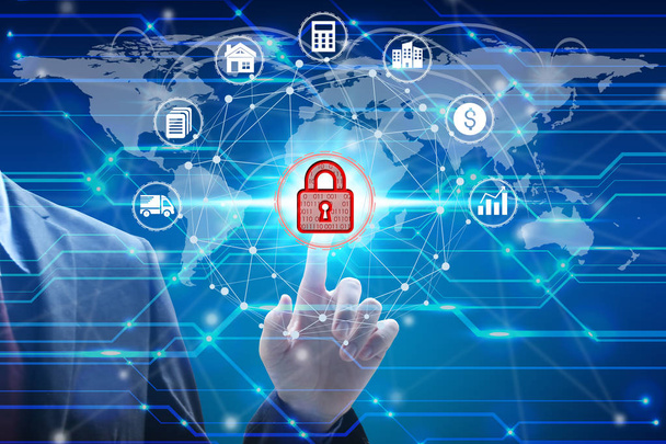 Empresário toque ícone cadeado virtual sobre a conexão de rede, Cibersegurança Proteção de dados Business Technology Conceito de privacidade
 - Foto, Imagem