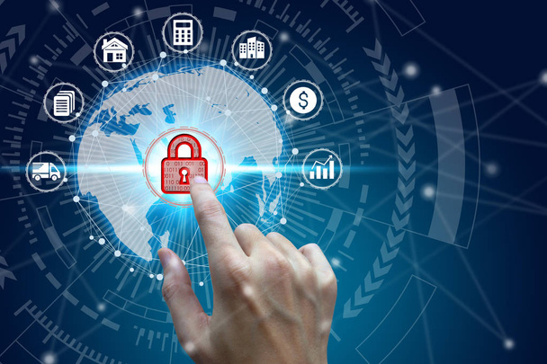 Biznesmen kliknij ikonę wirtualnego kłódkę przez połączenie z siecią, koncepcja Cyber bezpieczeństwa danych ochrony biznesowych technologii prywatności - Zdjęcie, obraz