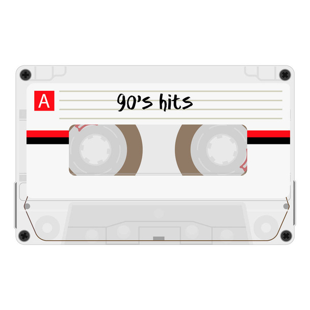 Cassette with retro label as vintage object for 90s revival mix tape design, party poster or cover. Realistic raster sign or icon - Φωτογραφία, εικόνα